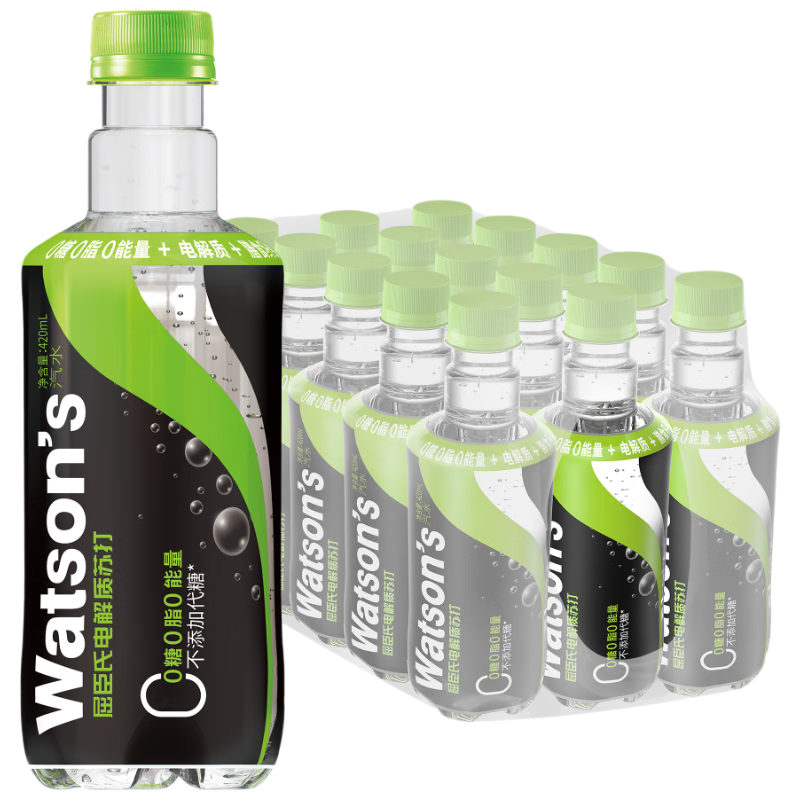 屈臣氏（Watsons）电解质苏打水青提味0糖0卡0脂气泡水无糖功能饮料420ml*15瓶整箱