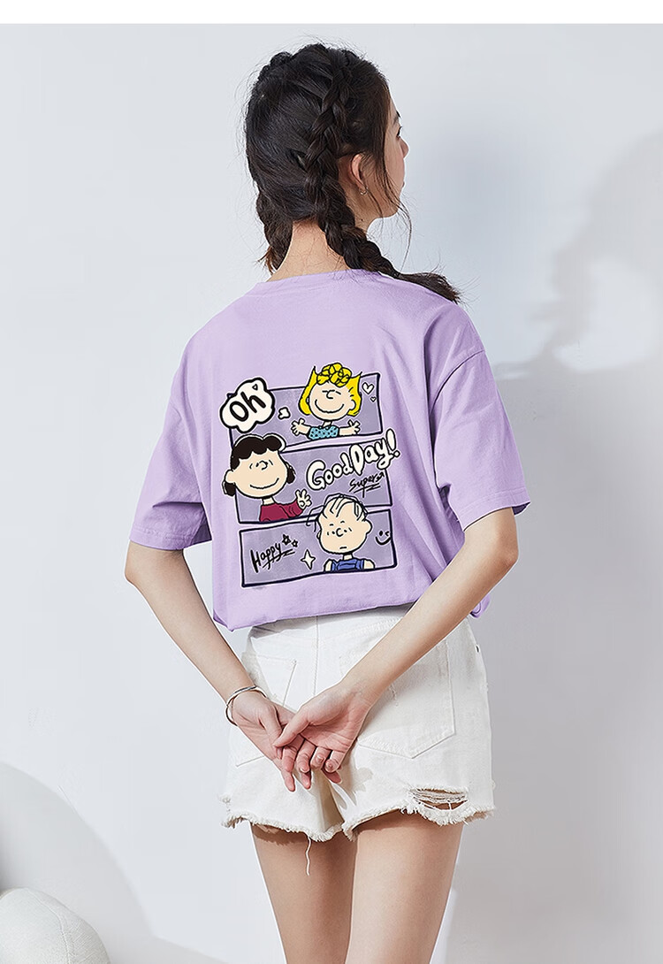 TonLion 2025 Summer Women's New Round Neck Short Sleeve T-Shirt Versatile [Snoopy Collaboration] S Light Purple 17