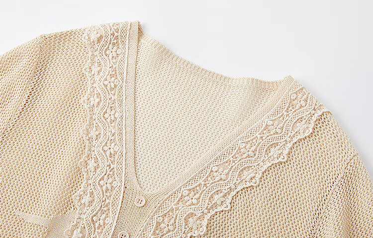 Dme [Cool And Elegant Outfit] Summer French V-Neck Lace Trim Sweater Jacquard Comfortable Knit Top for Wome 9