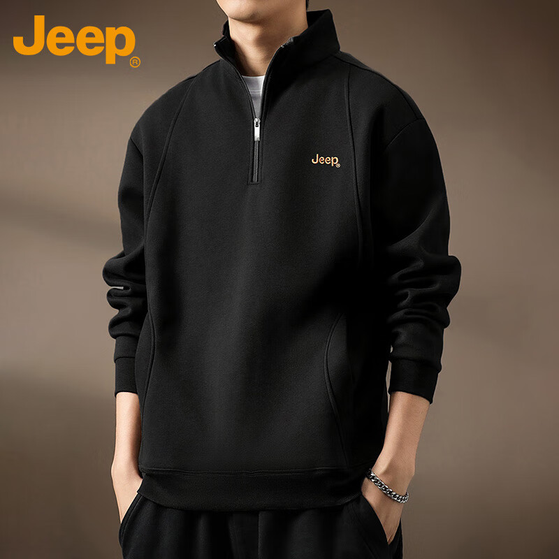 JEEP Men's Autumn Winter Heavyweight Embroidered Black Long Sleeve Casual Warm Sweatshirt XL