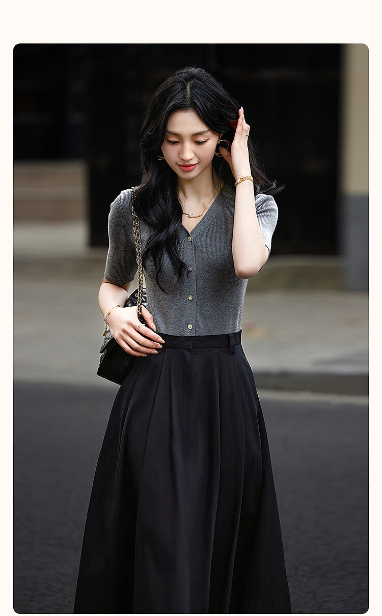 Dme [Containing Wool] Spring Elegant Faux Two-Piece Spliced V-Neck Short-Sleeve A-Line Bodycon Elegant Women's Dress 1