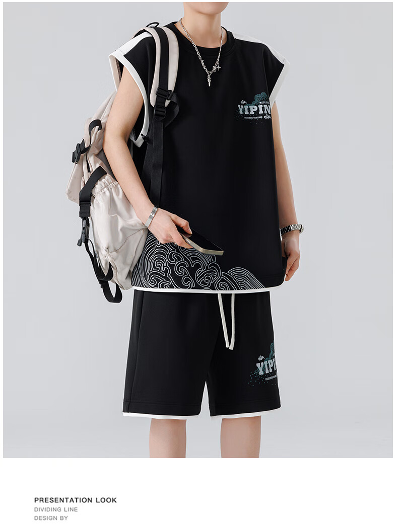 Foss Phil Men's Summer Sports Set Ice Silk Sleeveless T-Shirt and Loose Shorts Vest T07 White 2XL 11