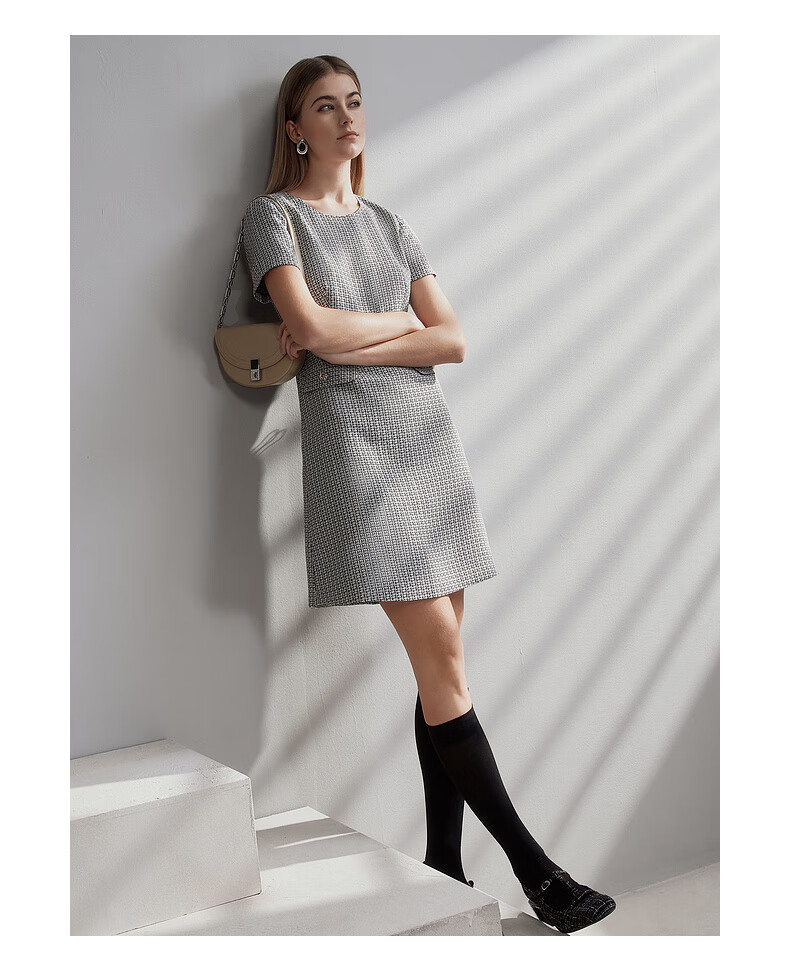G2000 Coarse Floral Print/Mall-Matching Women's Clothing, Spring And Summer Elegant Chanel-Style Short-Sleeve Dress, Starlight White, L/38 9