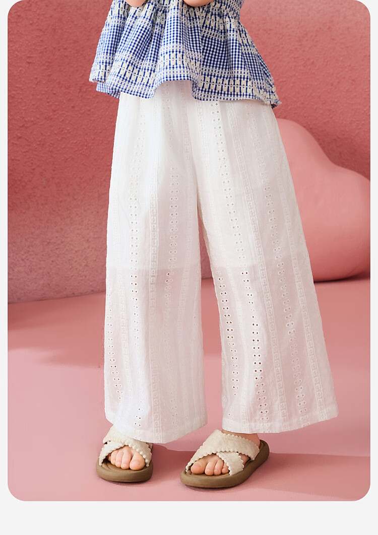 ASK JUNIOR Cotton Kids Summer Hollow Lace Embroidered Straight Leg Breathable Long Pants for Girls and Teens 15