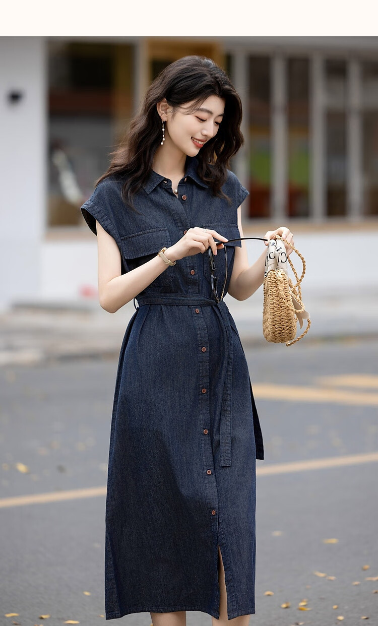 Demana [Goddess of Elegance] Summer Urban Turn-down Collar Patch Pocket Flap Sleeve Belted Mid-length Women's Denim Dress 10