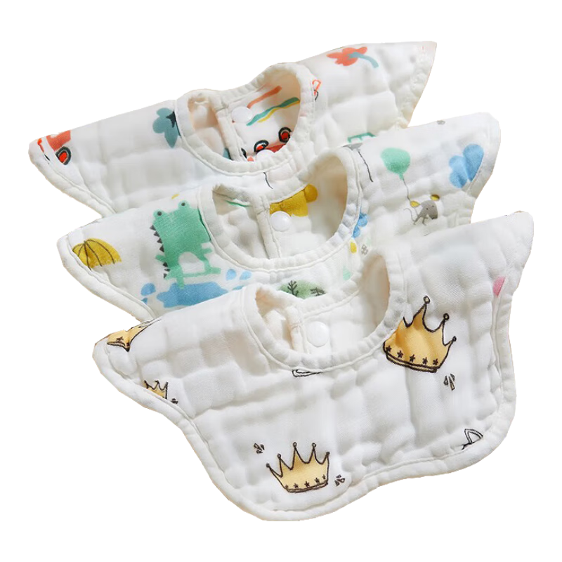 AIBEDILA Drool Bib, Baby Pure Cotton, 8-Layer Gauze, 360° Rotatable, Absorbent Bib, Printed, 3 Pieces