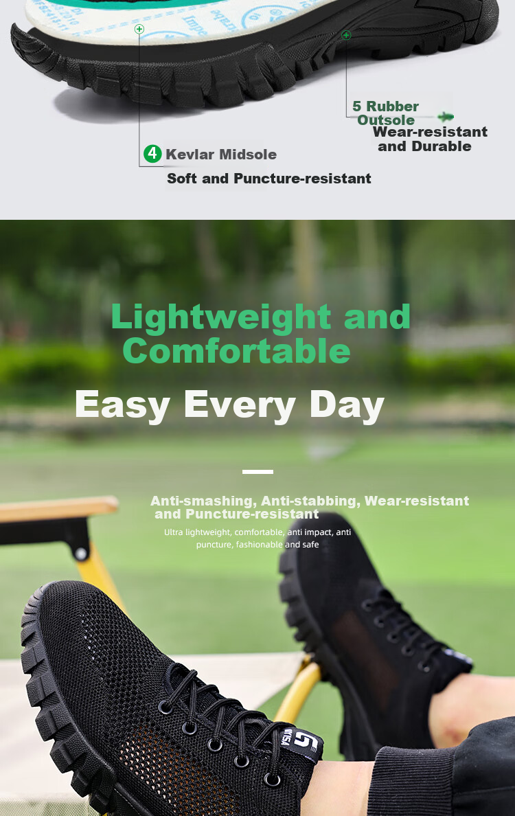 JUNBU Safety Shoes for Men, Summer Breathable Steel Toe Cap Anti-Smashing Anti-Puncture Soft Sole Construction Site Work Boots 3120 Size 44 2
