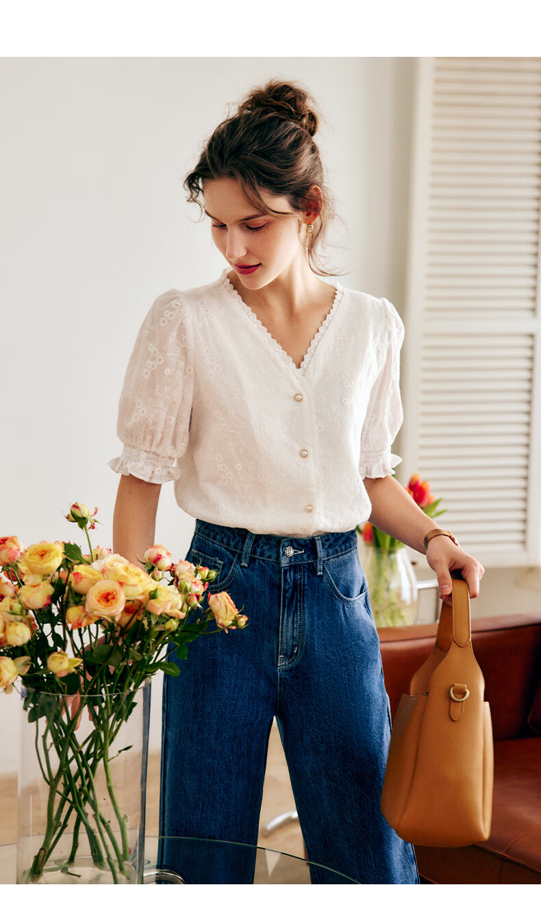 Olrain [Exquisite Small Flower Embroidery Lace Blouse], V-Neck Shirt, Summer Women's Top, Elegant Commuter Wear, White, M 12
