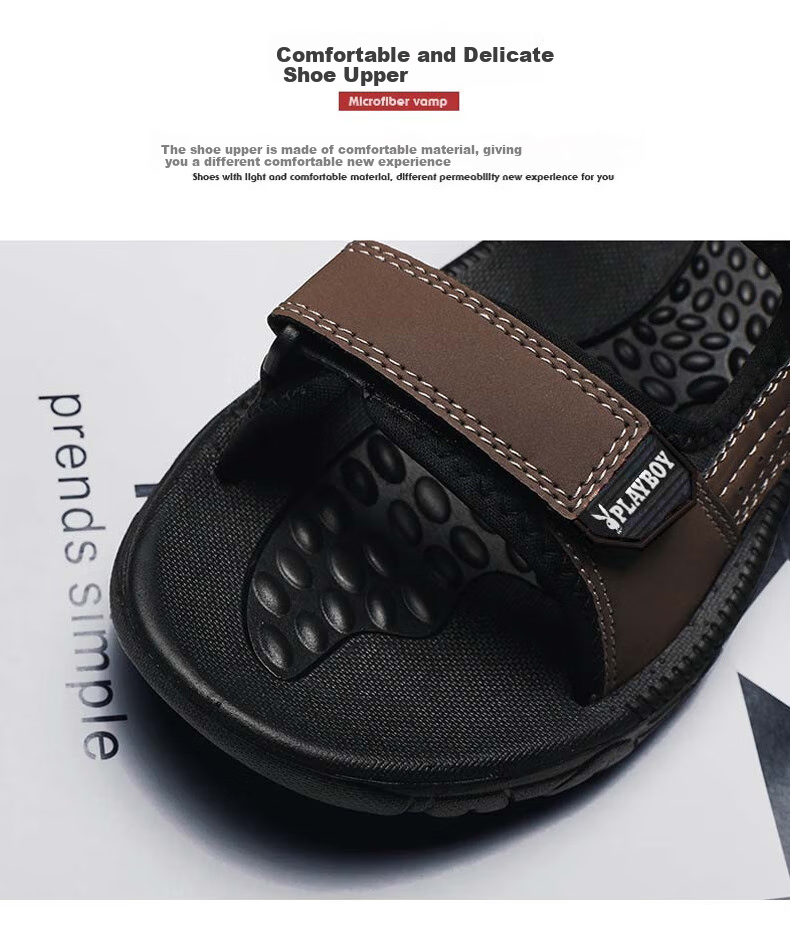 PLAYBOY Men's Sandals, Summer 2025 Breathable Beach Shoes, Korean-Style Perforated Shoes with Velcro Slippers, Black, Size 40 5