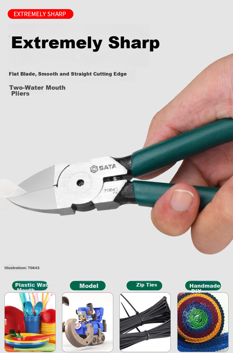 SATA Industrial-Grade Diagonal Cutting Pliers, Labor-Saving Side-Cutting Pliers Tool, 7", 72302B 2