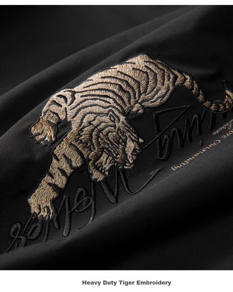 DANCING WOLVES [Tiger Logo Embroidery] Men's Baseball Collar Jacket, Easy-Care Versatile Coat, 001 Black, L(175) 7