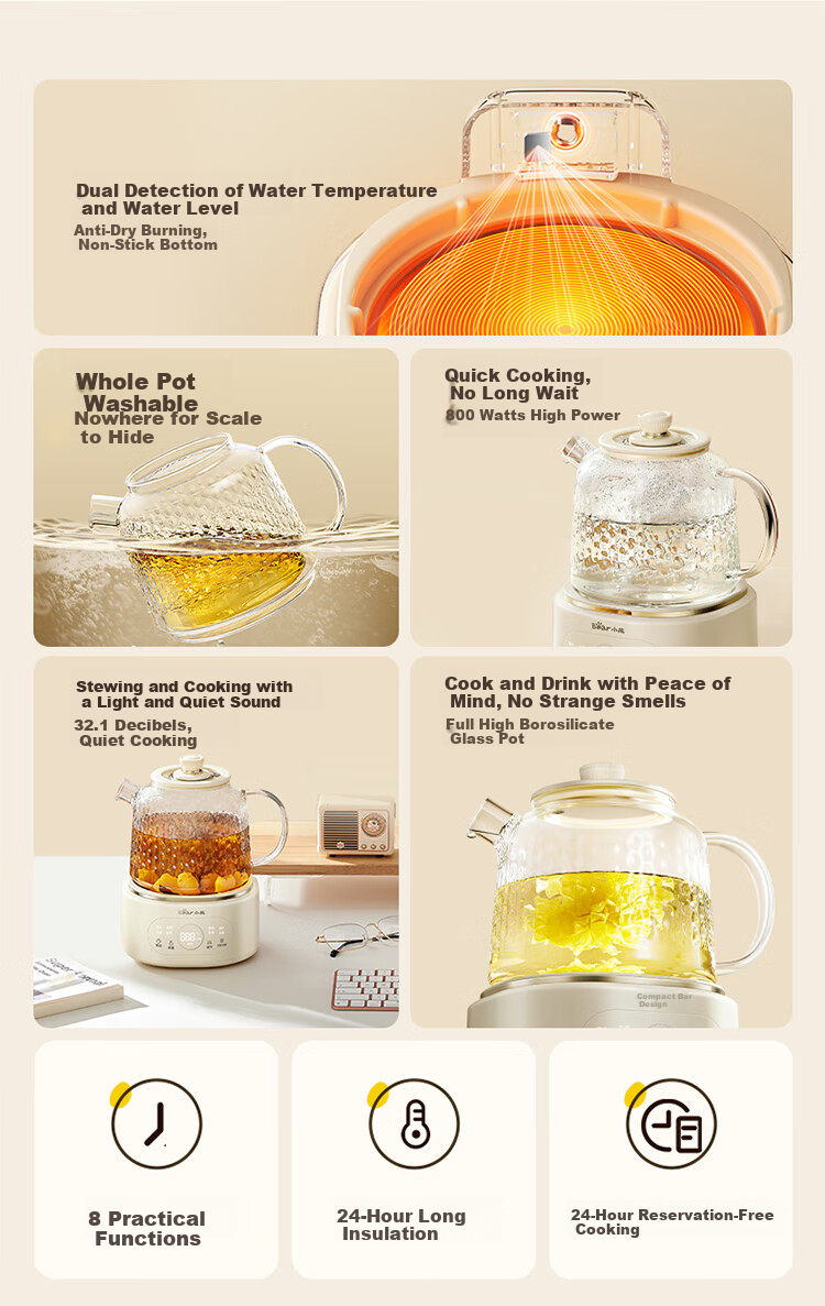 Bear Health Pot, 3L Large Capacity, Faucet Water Kettle, Flower Tea Container, Pure Glass Constant Temperature Pot for Brewing Tea, Integrated Heat Preservation, Baby And Maternal Use Boiling Kettle, ZDH-F30F1 3