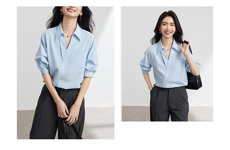 Bodexiaojie Blue Stylish Luxury V-Neck Shirt for Women, Summer Commute Short-Sleeve Top, Professional Petite Interview Blouse, XL 9