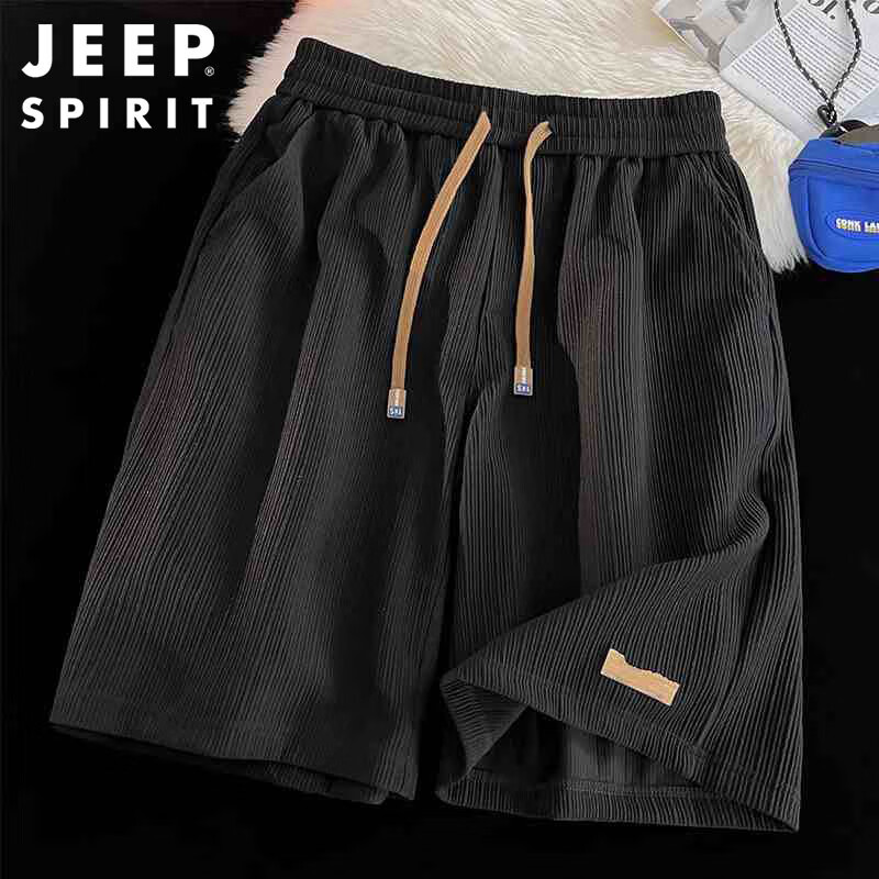 JEEP SPIRIT Ice Silk Casual Shorts for Men, Summer American-Style Quick-Dry Sports Pants, Large Size Knee-Length Shorts, Black, L