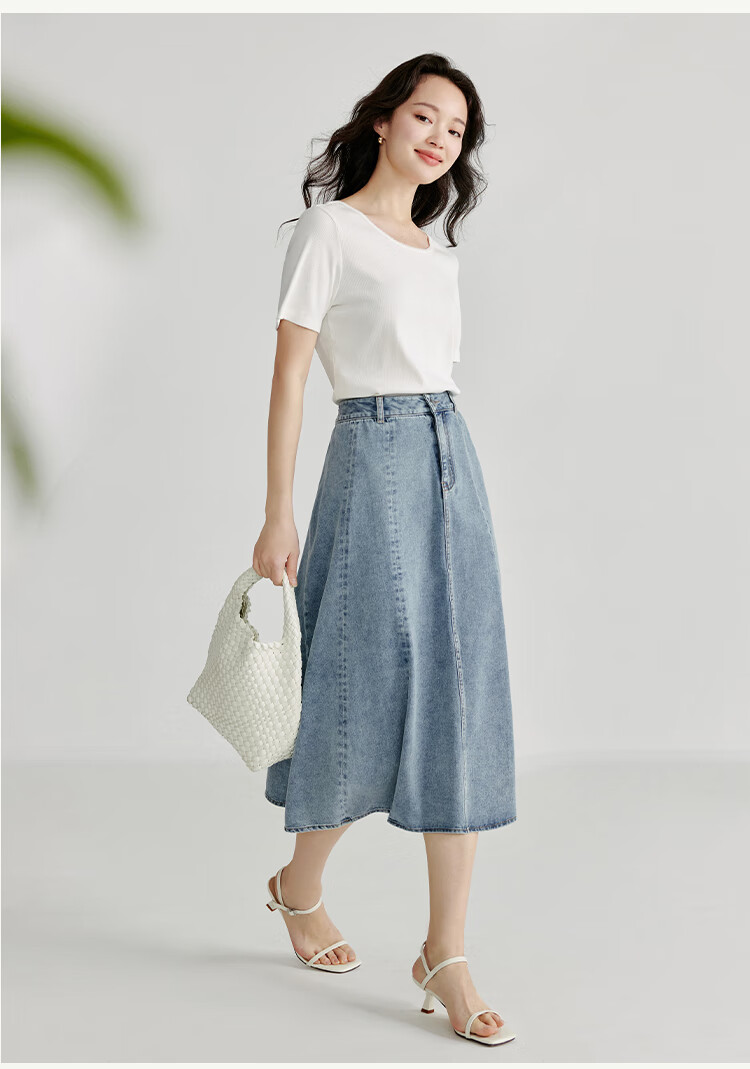 Inman French Style Denim Half Skirt for Women Summer Retro Mid-High Waist Premium A-Line Skirt Light Denim L 17