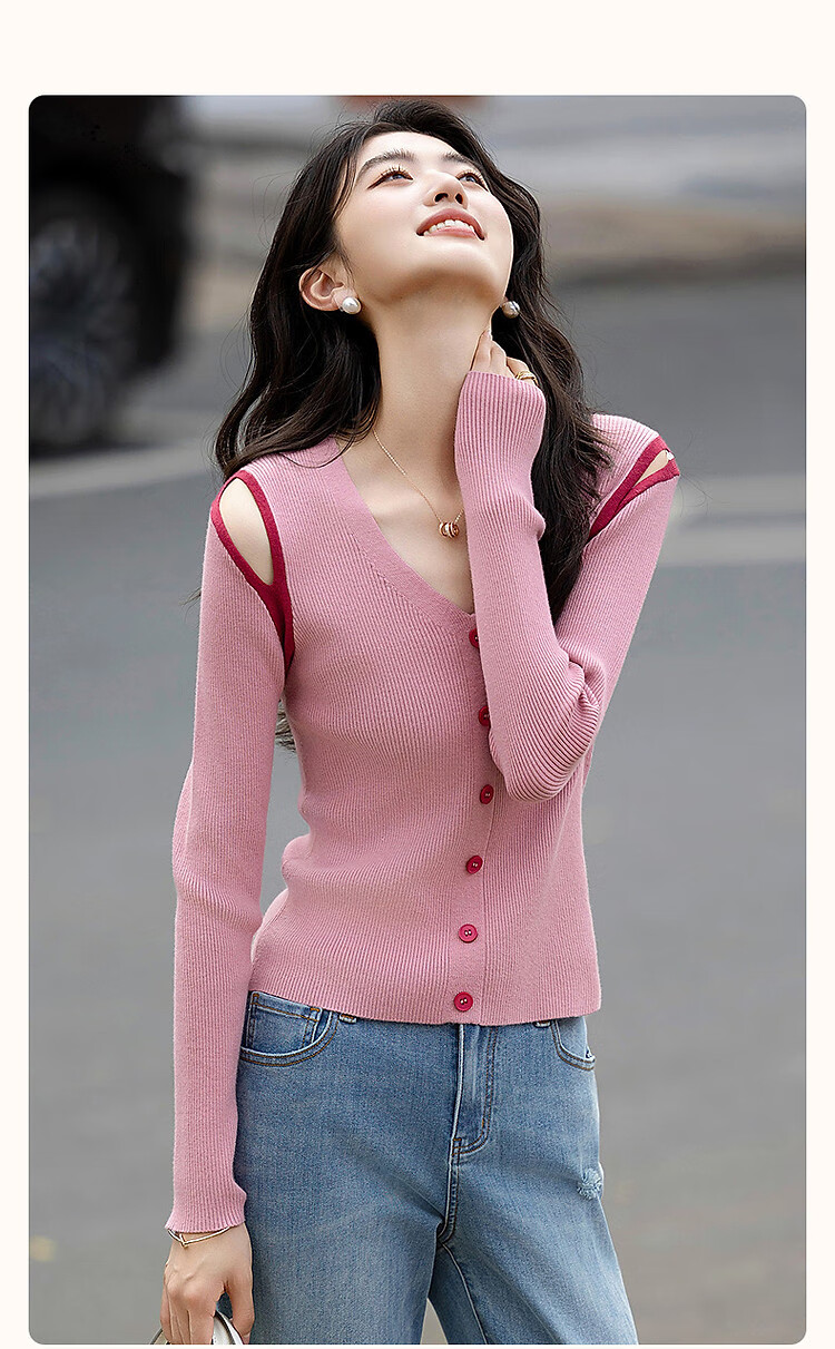 Dme [Soft Cloud Feel] Summer French Off-Shoulder V-Neck Sweater, Hollow-Out Contrasting Color Long-Sleeve Comfortable Knit Top for Wome 2