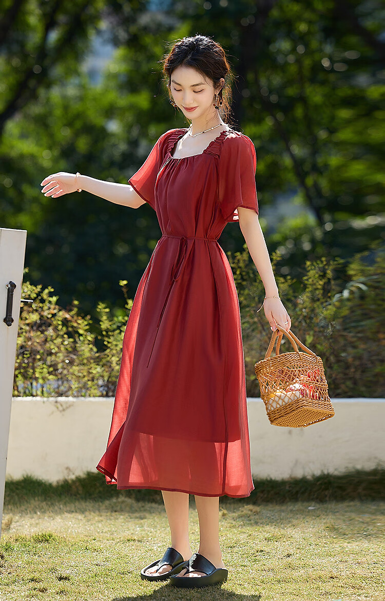 Demana Vintage Small Rose Summer Lightweight Glossy Lyocell Square Neck Ruffle Sleeve Belted A-Line Women's Dress 5