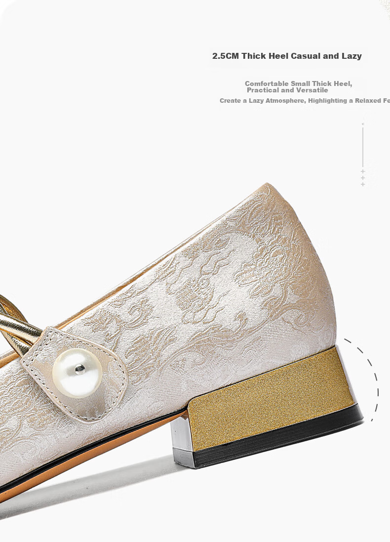 Goldlion Women's Shoes, New Chinese-Style National Fashion Flats, Chunky Heel, Color-Block Mary Jane Shoes, G686430283, Champagne Color, Size 37 7