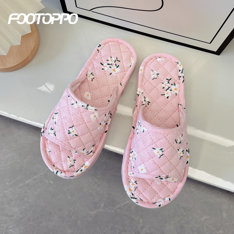 FOOTOPPO Fabric Korean-Style Slide Sandals for Women, Bedroom Soft-Soled Silent Wooden Floor Cloth-Bottom Slippers, Ladies' Home Cotton Slippers
