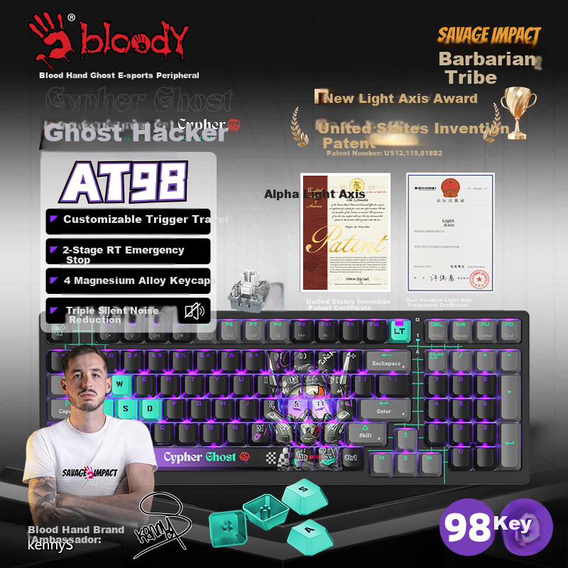 A4TECH AT98 99-Key Mechanical Keyboard Wired Gaming Keyboard E-Sports Mechanical Keyboard Specialized Optical Switch Keyboard for Wild Tribe Light Switch Phantom Black Hacker Wired