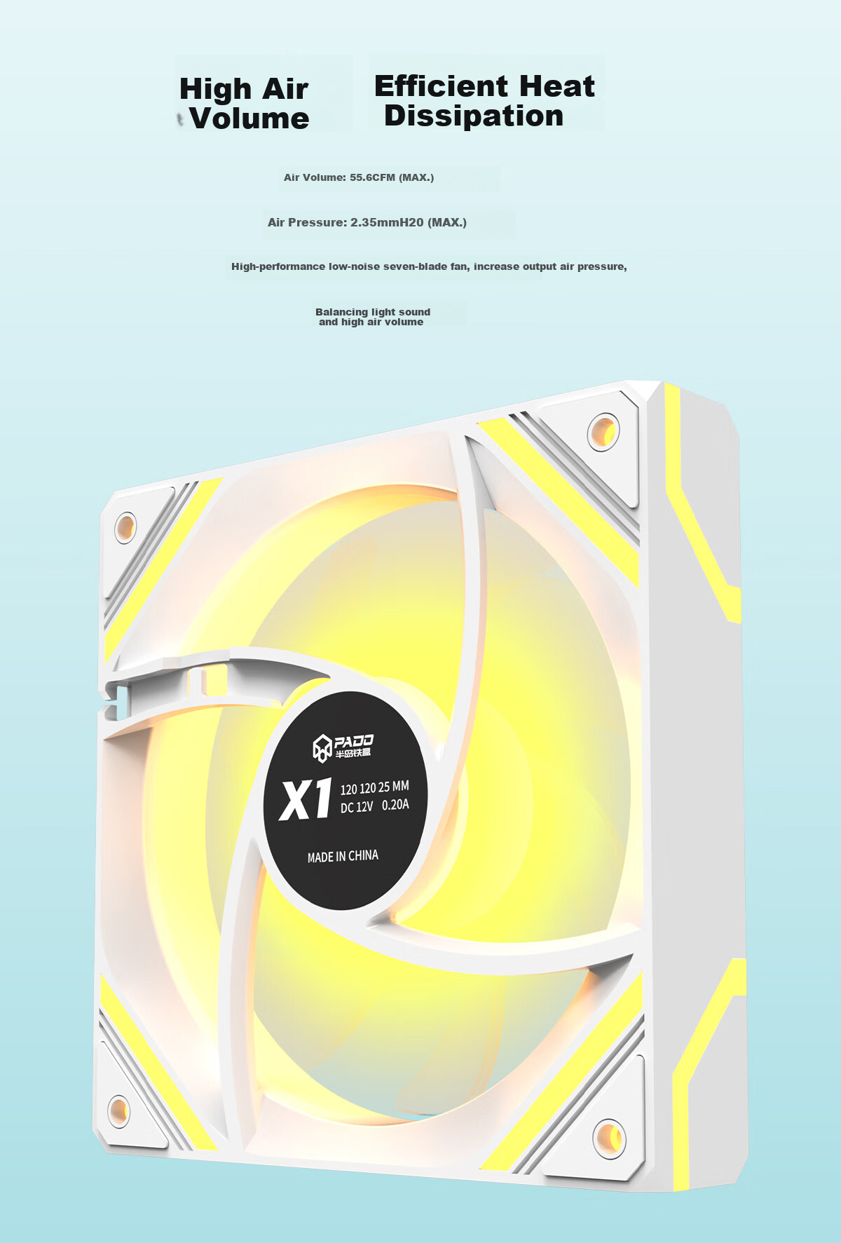 PADO Jidongli X1 High-Performance White Reverse Case Fan Cooler/PWM Intelligent Temperature Control/ARGB Light Synchronization/Low Noise 12cm 5
