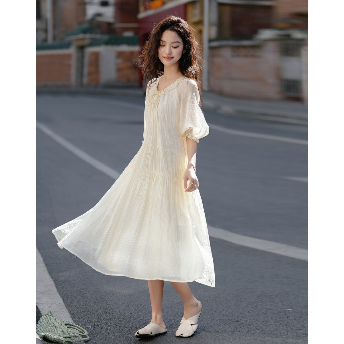 Demana [Moon Kiss Lily of the Valley] Spring Artistic Style Breathable Tencel Adjustable Tie Wrinkled Long Dress for Women