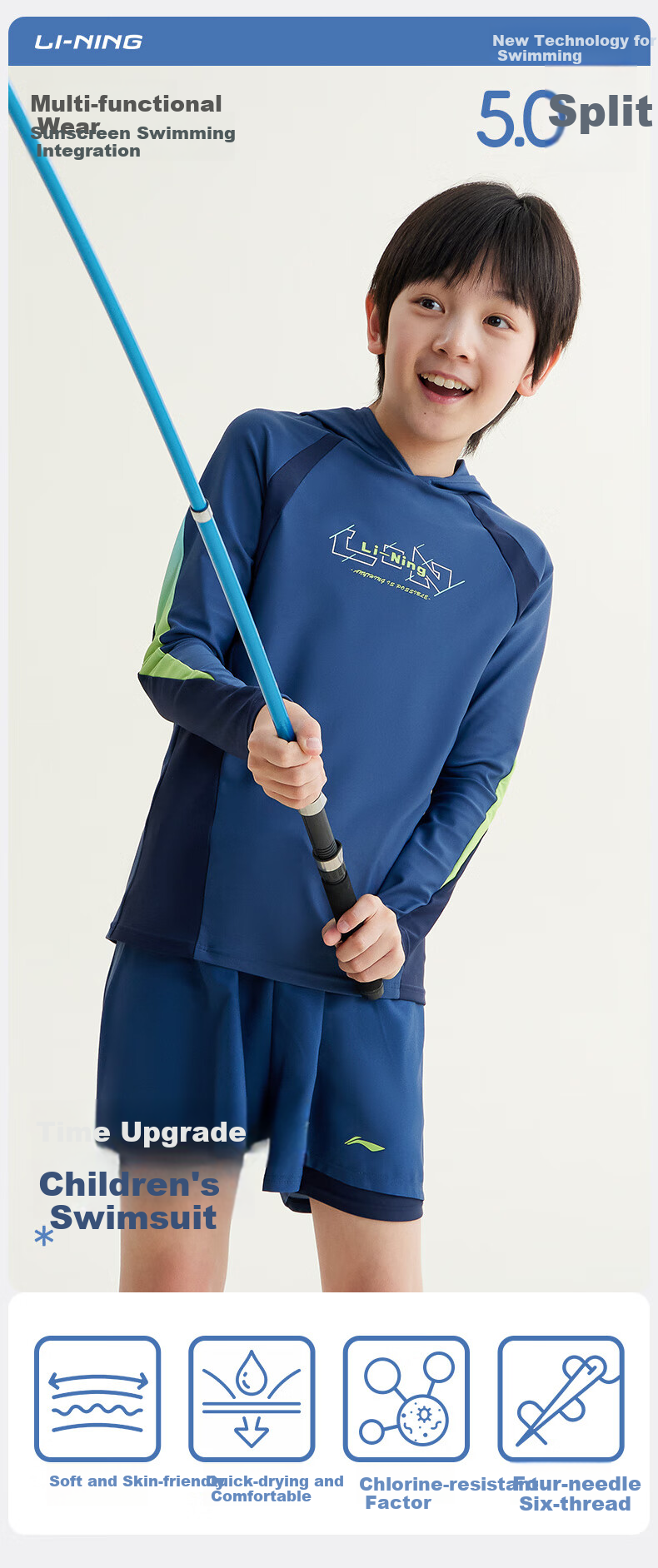 Li-Ning Children's Swimwear, Boys' Long-Sleeve Sun Protection Two-Piece Surfing Suit, Patterned Swim Trunks, Hot Spring Swimming Gear, 8031 Blue, Size 160 1