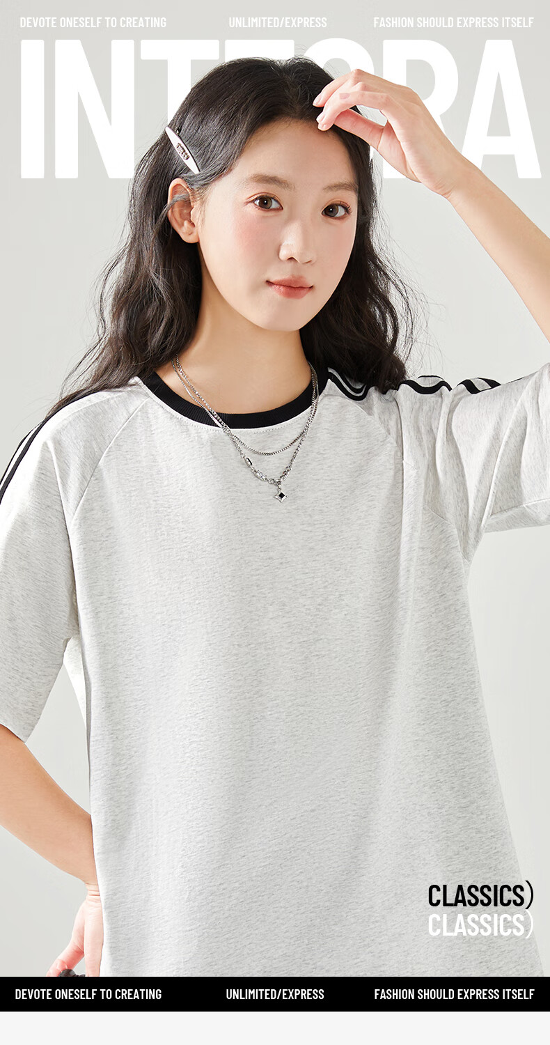 Jeanswest Women's Striped Short Sleeve T-Shirt Spring Summer New Two-Stripe Raglan American Style Cotton Loose Colorblock T-Shirt 1