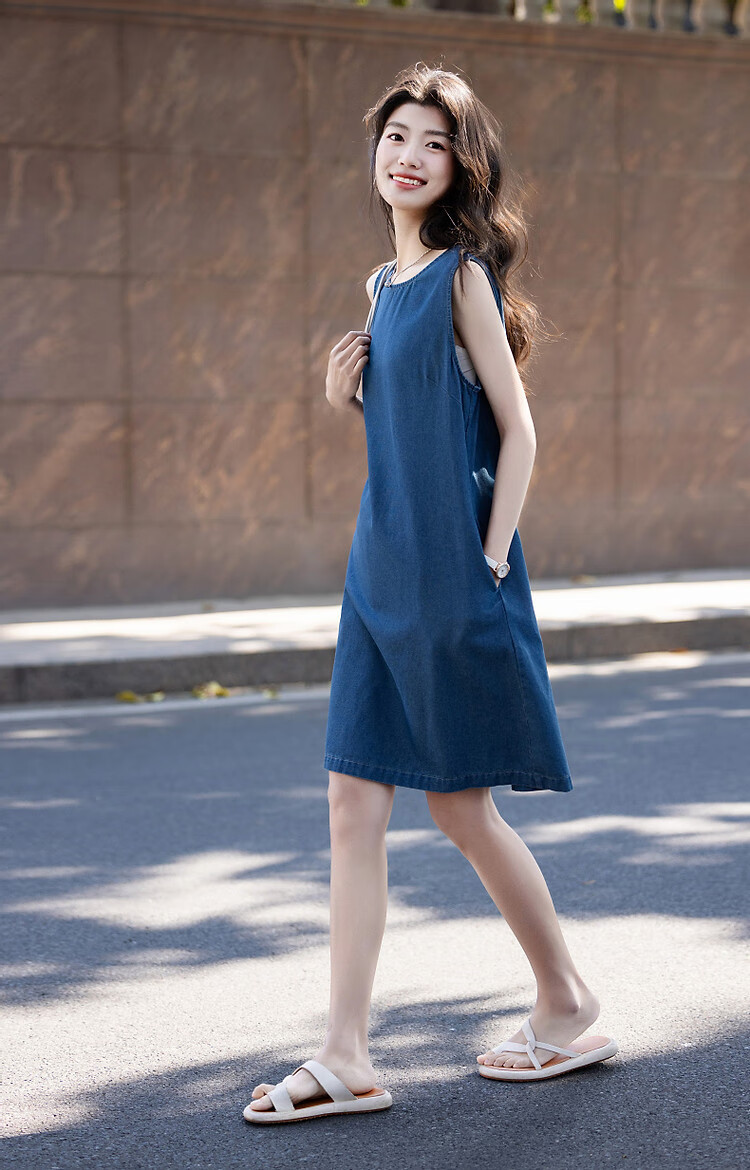 Dme [Pillowsuit] Summer Lightweight Breathable Cloud Cotton Loose Sleeveless Round Neck Comfortable Denim Women's Dress 7