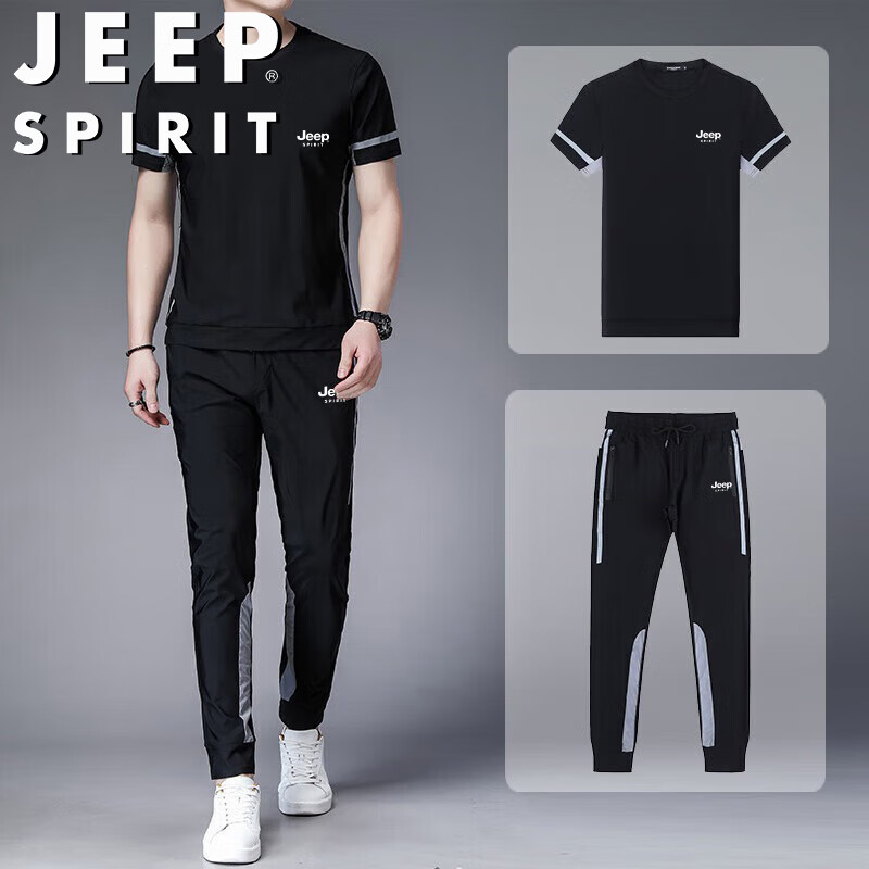 Мужской спортивный костюм JEEP SPIRIT, летний комплект из двух предметов: шорты с коротким рукавом и брюки из ледяного шелка, черный, размер M