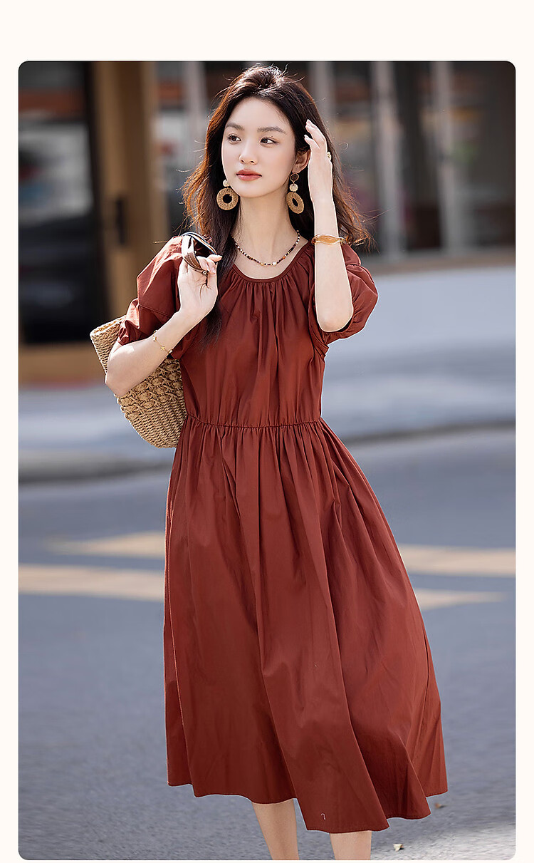 Demana [Klein Blue] Summer French Style Pure Cotton Gathered Loose Waist Puff Sleeve A-line Mid-length Women's Dress 3