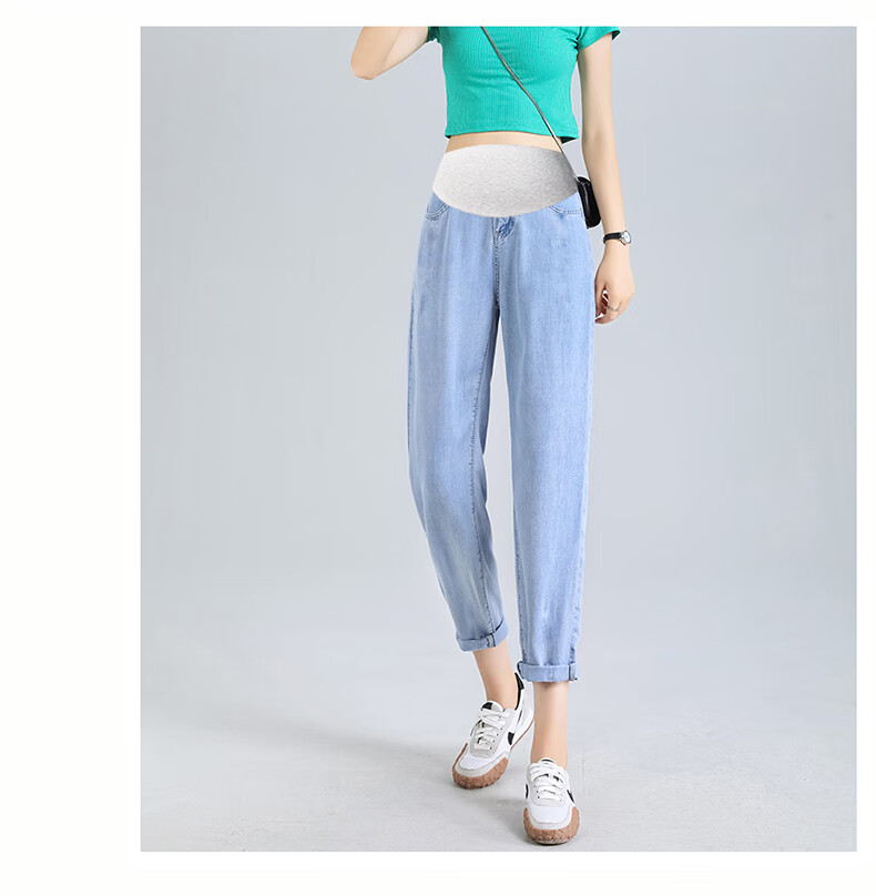 JOYNCLEON Maternity Summer Thin Denim Pants Nine-Point Casual Dad Jeans Light Blue L Jyk176496 9