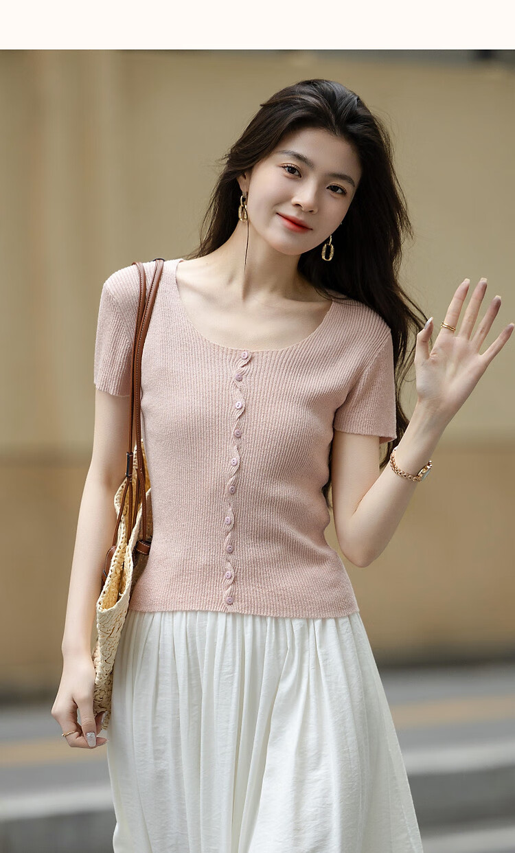Dme [One Touch Melts The Heart] Spring And Autumn Ice Silk Cardigan, Square And Round Neck Sweater, Short Style Wavy Twist Flower Knitted Sweater, Women's Top 16