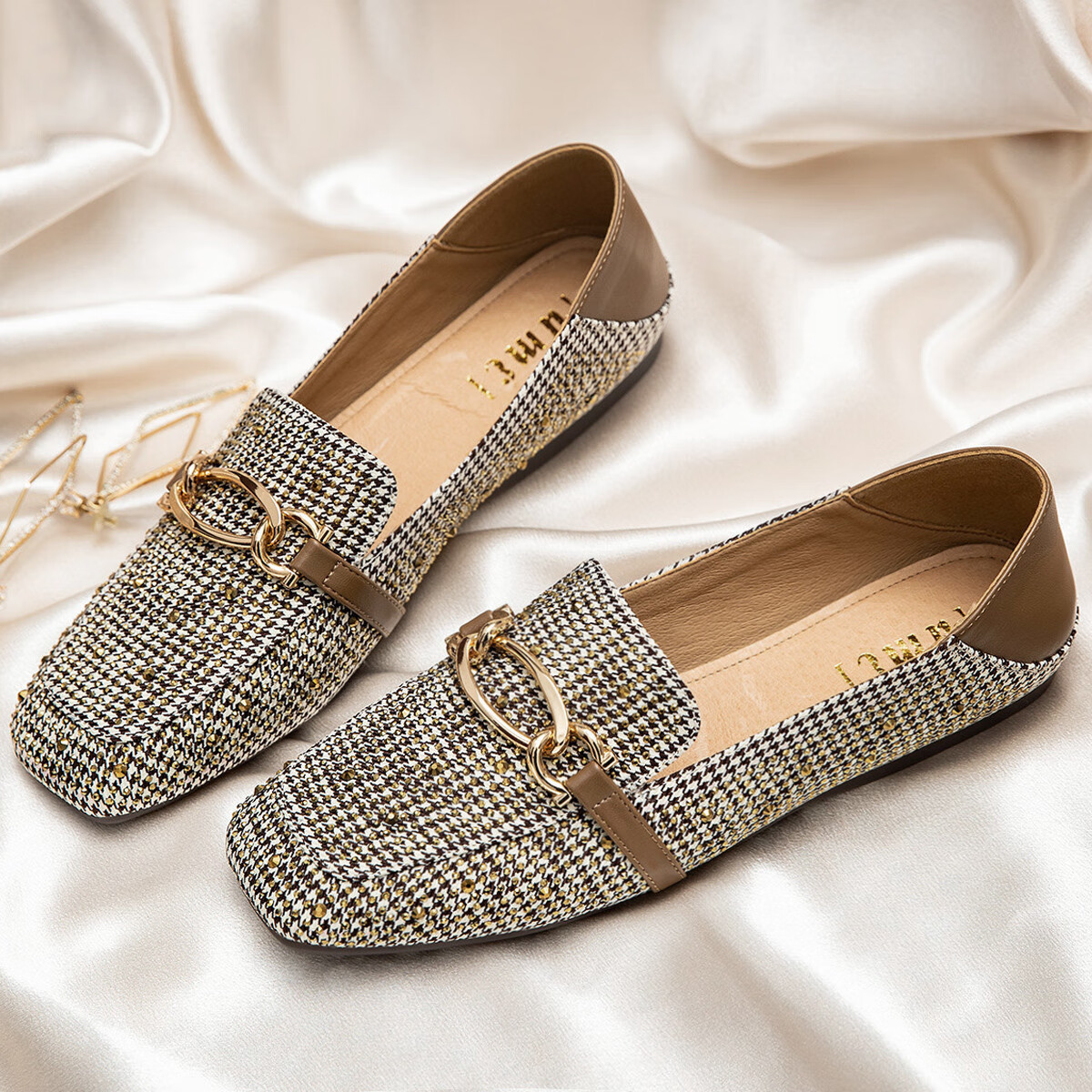 DME Spring Rhinestone Houndstooth Soft Loafers Women's Flat Shoes Deep Mouth Women's Shoes
