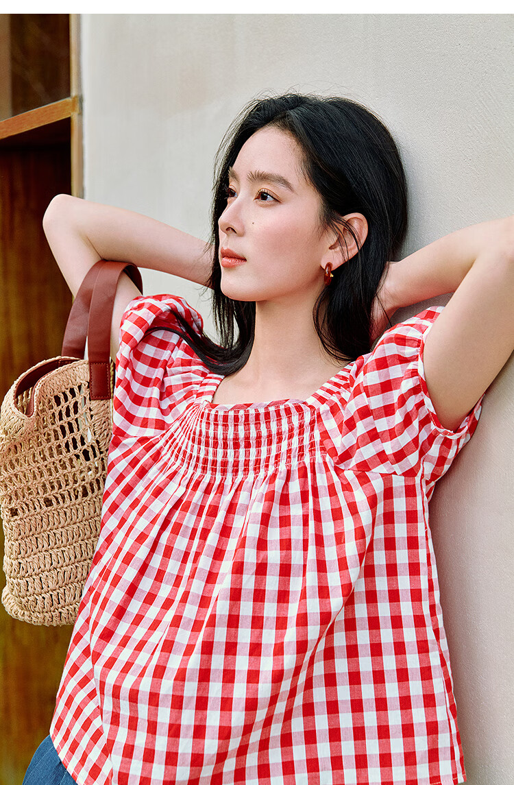 Inman 100% Cotton Sweet Plaid Shirt 2026 Summer New Women's Slim Waist Pleated Blouse Light Blue Plaid L 11