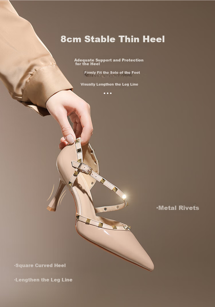 ZHR Rivet High Heels for Women, Elegant Pointed Toe, Socialite Style, Thin Heel Pumps, Sexy Closed-Toe Sandals for Women, IE02, Nude Pink, Size 34 2
