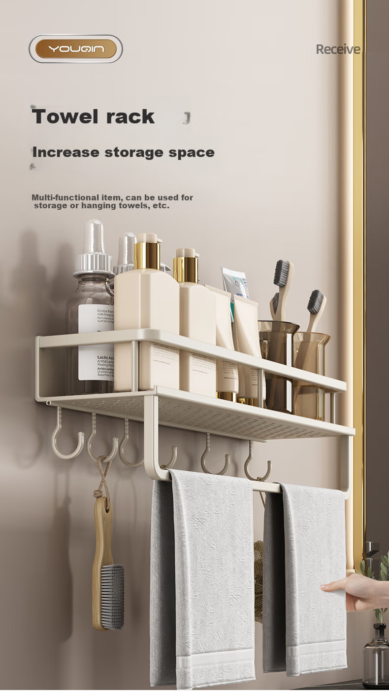 YOUQIN Bathroom Storage Rack, Transparent Wall-Mounted Toilet Organizer, Washbasin Shelf, Cream White, No Drilling Required, Storage Rack 3
