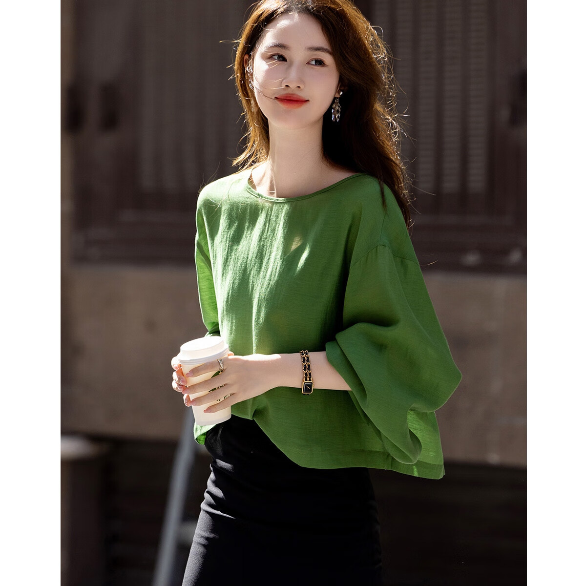 Demana [Shu Yang Pai] Spring and Autumn Acetate Linen Lyocell Blend Lantern Sleeve Straight Loose Shirt for Women