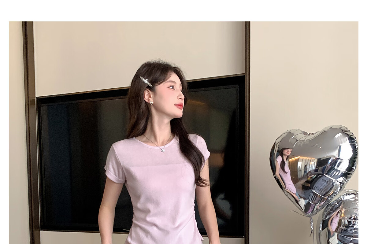 Halo Queen Women's Short Sleeve Knit T-Shirt Slim Fit Cherry Blossom Pink Fitted Waist Crop Top H52T033 26