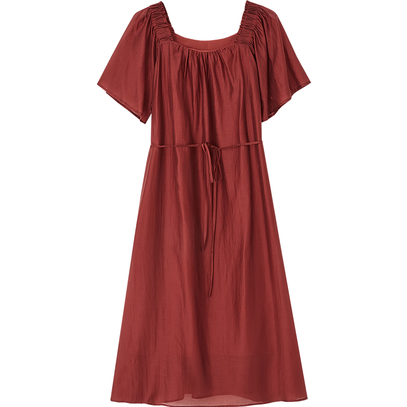 Demana Vintage Small Rose Summer Lightweight Glossy Lyocell Square Neck Ruffle Sleeve Belted A-Line Women's Dress