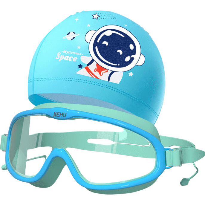 Jiehu Children's Swimming Goggles And Cap, Waterproof Anti-Fog High-Definition Large Frame Swim Glasses Set for Boys And Girls
