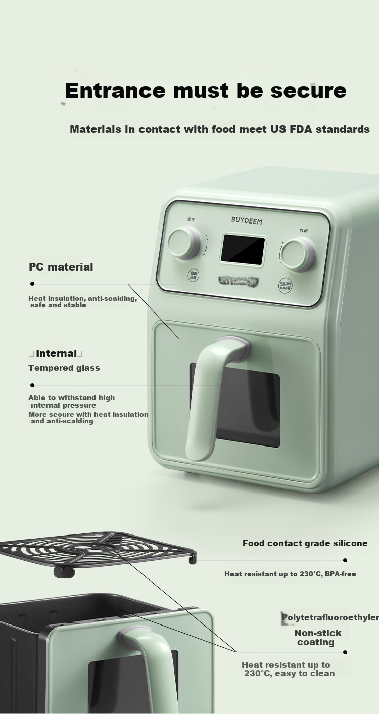 Buydeem Air Fryer, Multi-Functional Home Use Oil-Free Fryer, 4L Large Capacity with Visible Window, Healthy Precise Temperature Control Air Fryer F51, Light Pine Gree 4