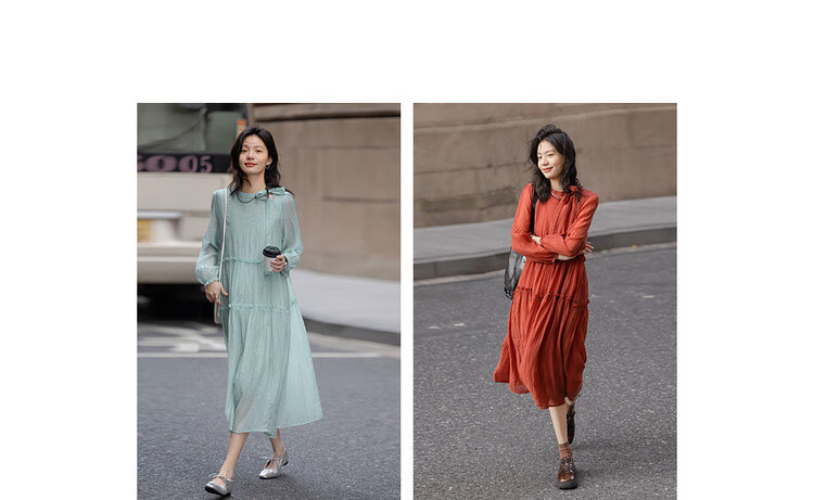 Dme [Boleng Zhilian] Spring French-Style Split Ruffle Trim Round Neck A-Line Concealing Mid-Length Women's Dress 3