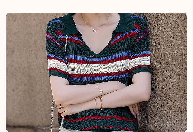 Dme [Tangguo Duoban] Summer Youthful Cool Ice Silk Contrasting Striped V-Neck Sweater Women's Top 3