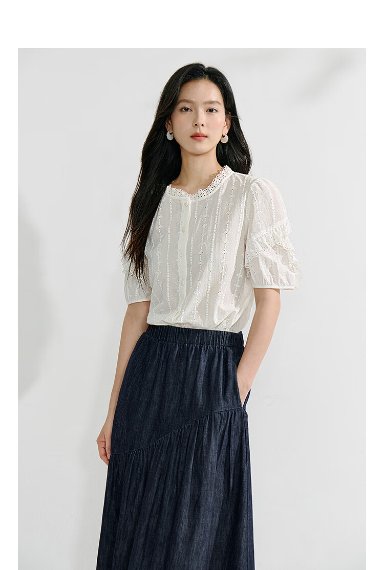 Inman Lotus Leaf Collar Hollow Embroidered Pure Cotton Shirt 2025 Summer Women's Vacation Style Puff Sleeve Blouse Pearl White M 4