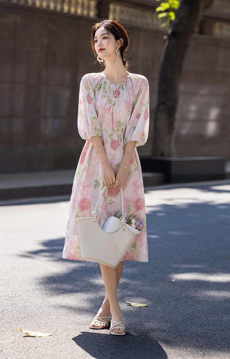 Dme [100% Cotton Bamboo Print] Summer French Romantic Floral Print Five-Quarter Sleeve A-Line Waist-Cinching Mid-Length Women's Dress 5