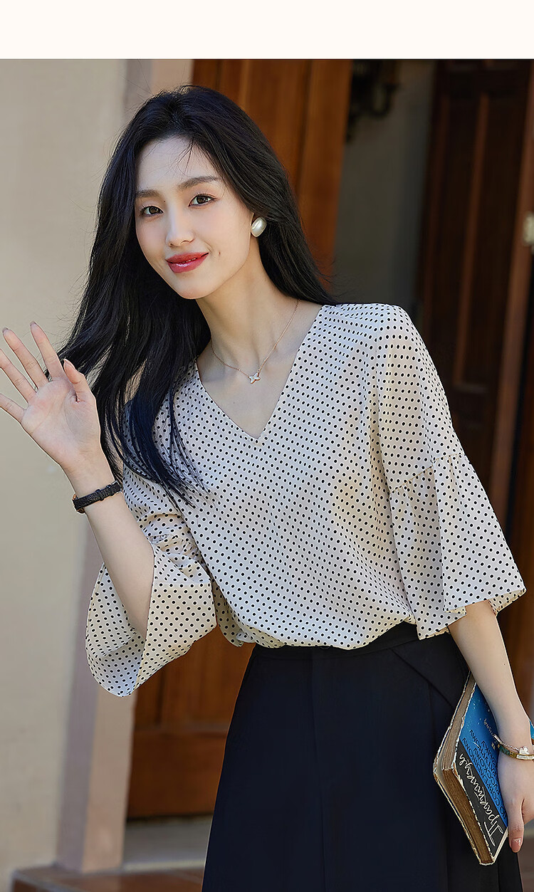 Demana [Artistic Melody] Summer V-Neck Composite Silk Huayao Shirt with Pleated Bell Sleeves Flowing Blouse Women's Top 16