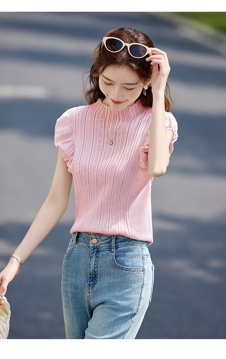 Shangjing Women's Summer Knitwear New French Elegant Puff Sleeve Slim Fit Short Sleeve T-Shirt Top 13