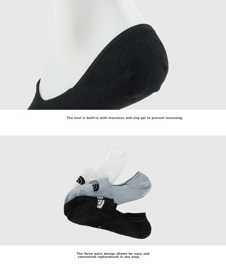 The North Face Unisex Comfortable Breathable Sports Boat Socks 3-Pack 8ANZ Black/White/Gray/3G7 M 3
