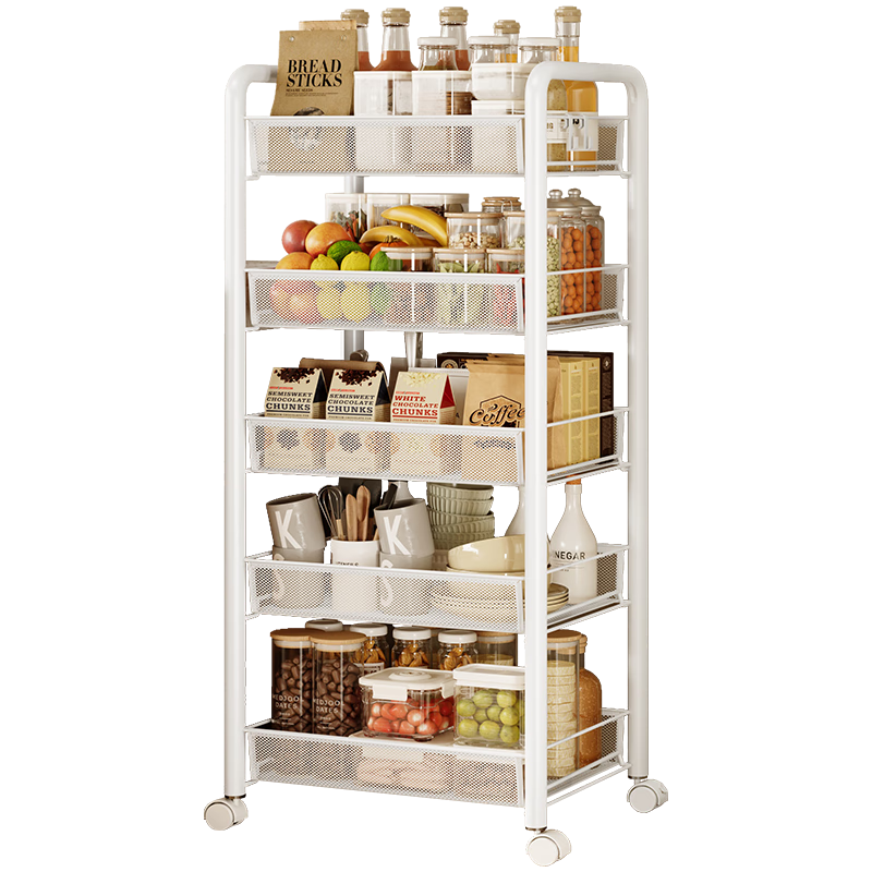 Yicai Nianhua Kitchen Storage Rack Floor Shelf Storage Rack Tool-Free Mobile Bookshelf Bathroom Storage Rack 1058 White Five-Tier